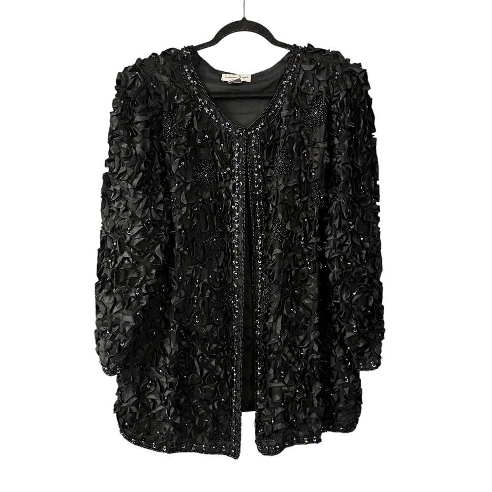 Vintage Laurence Kazar Black AB Bead Sequin Silk Ruffled Blazer Cardigan Size 1X